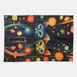 Blauwe en rode katten theedoek