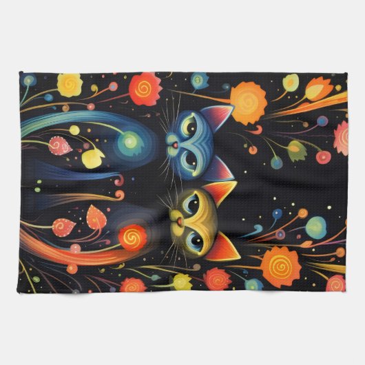 Blauwe en rode katten theedoek (Horizontaal)