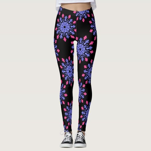 Blauwe en rode neon bloem leggings (Voorkant)