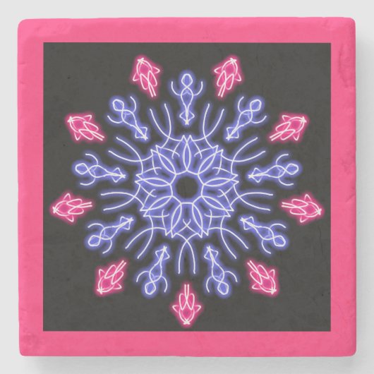 Blauwe en rode neon bloem stenen onderzetter (Voorkant)