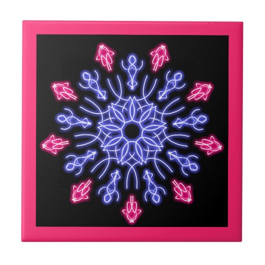 Blauwe en rode neon bloem tegeltje (Voorkant)
