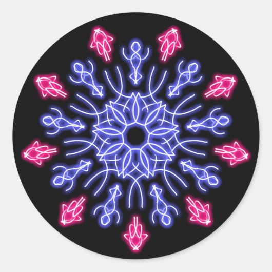 Blauwe en rode neonbloem ronde sticker (Voorkant)