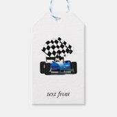 Blauwe en Rode Raceauto met Geruite Vlag Cadeaulabel (Voorkant)