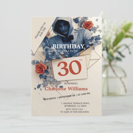 Blauwe en rode roos gotische 30e verjaardag kaart (Staand voorkant)