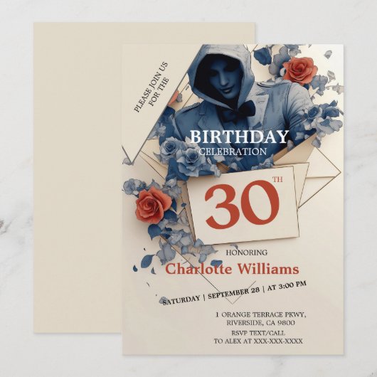 Blauwe en rode roos gotische 30e verjaardag kaart (Voorkant / Achterkant)