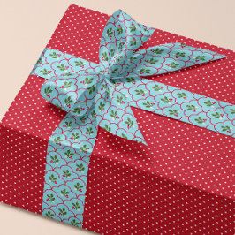 Blauwe en rode Scallop Holly Branch Berry Kerstmis Satijnen Lint