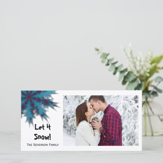 Blauwe en rode sneeuwvlok laat het sneeuwen feestdagenkaart (Staand voorkant)