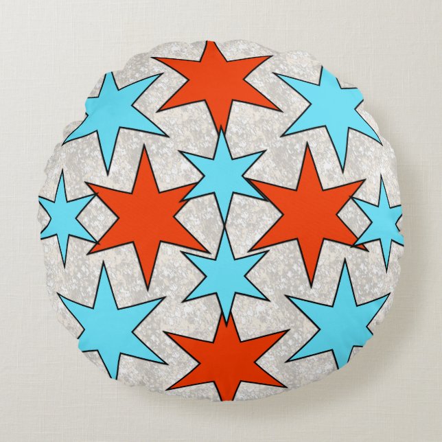 Blauwe en rode sterprint rond kussen (Voorkant)