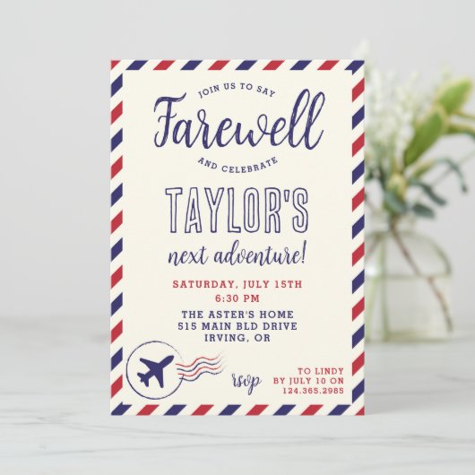 Blauwe en Rode Streep Afscheidsfeestuitnodiging Kaart (Staand voorkant)