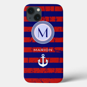 blauwe en rode strepen en monogram voor anker iPhone 13 hoesje