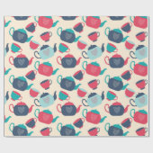 Blauwe en rode theepokken en theebekertjes cadeaupapier (Vlak)