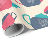 Blauwe en rode theepokken en theebekertjes cadeaupapier (Rol Hoek)