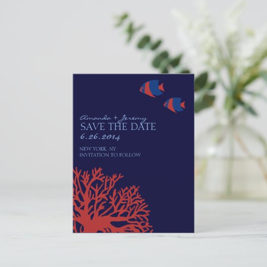 Blauwe en rode tropische vissen redden de datum aankondigingskaart (Staand voorkant)