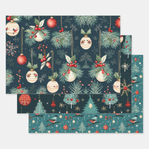 Blauwe en rode vintage kerstpatronen inpakpapier vel