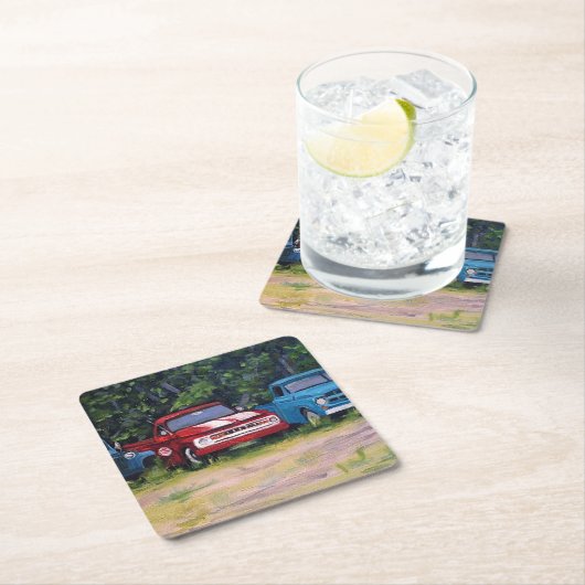 Blauwe en rode vrachtwagens, olieverf kartonnen onderzetters (Insitu)