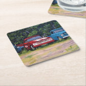 Blauwe en rode  vrachtwagens, olieverf kartonnen onderzetters (Schuin)