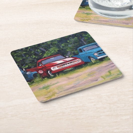 Blauwe en rode vrachtwagens, olieverf kartonnen onderzetters (Schuin)