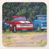 Blauwe en rode vrachtwagens, olieverf kartonnen onderzetters (Voorkant)