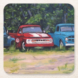 Blauwe en rode  vrachtwagens, olieverf kartonnen onderzetters