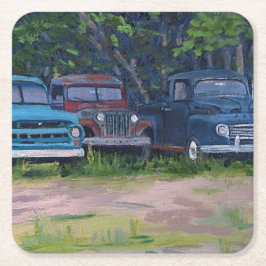 Blauwe en rode  vrachtwagens, originele schilderij kartonnen onderzetters