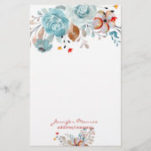 Blauwe en rode waterverf bloemen gepersonaliseerd briefpapier (Voorkant)