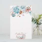 Blauwe en rode waterverf bloemen gepersonaliseerd briefpapier (Staand voorkant)