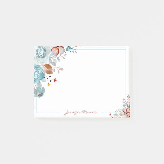Blauwe en rode waterverf bloemen gepersonaliseerd post-it® notes (Voorkant)