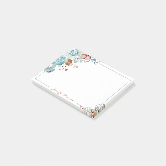 Blauwe en rode waterverf bloemen gepersonaliseerd post-it® notes (Schuin)