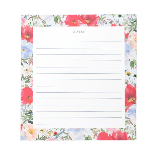 Blauwe en rode Waterverf bloemen Notitieblok (Voorkant)