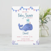 Blauwe en Rode Waterverf Schattige Walvis Baby sho Kaart (Staand voorkant)