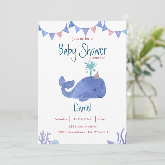 Blauwe en Rode Waterverf Schattige Walvis Baby sho Kaart (Staand voorkant)