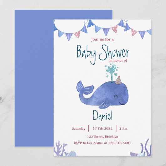 Blauwe en Rode Waterverf Schattige Walvis Baby sho Kaart (Voorkant / Achterkant)