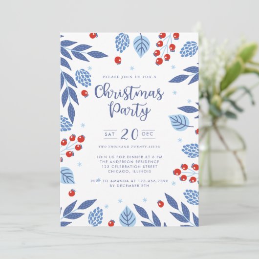 Blauwe en rode winterfeestdag kaart (Staand voorkant)