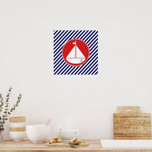 Blauwe en rode zeilboot poster (Keuken)