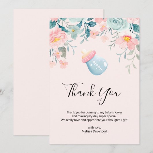 Blauwe en roze Baby flacon met ventilatorgrens Bedankkaart (Voorkant / Achterkant)
