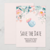 Blauwe en roze Baby flacon met ventilatorgrens Save The Date (Voorkant / Achterkant)