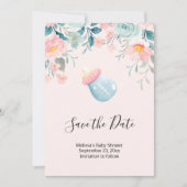 Blauwe en roze Baby flacon met ventilatorgrens Save The Date (Voorkant)