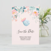 Blauwe en roze Baby flacon met ventilatorgrens Save The Date (Staand voorkant)