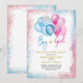 Blauwe en roze ballon Genderonderzoek Uitnodiging (Voorkant / Achterkant)