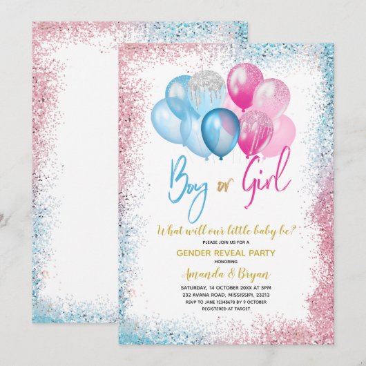 Blauwe en roze ballon Genderonderzoek Uitnodiging (Voorkant / Achterkant)