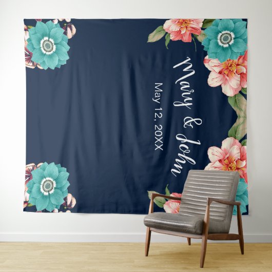 Blauwe en roze bloem botanische foto-achtergrond wandkleed (In Situ (horizontaal))