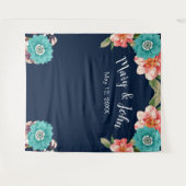 Blauwe en roze bloem botanische foto-achtergrond wandkleed (Voorkant (horizontaal))