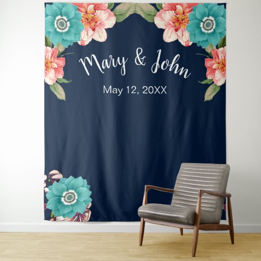 Blauwe en roze bloem botanische foto-achtergrond wandkleed (In situ)