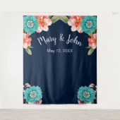 Blauwe en roze bloem botanische foto-achtergrond wandkleed (Voorkant)