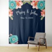 Blauwe en roze bloemen botanische foto achtergrond wandkleed (In situ)