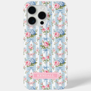 Blauwe en Roze Bloemen en Strikken Gestreept iPhone 15 Pro Max Hoesje