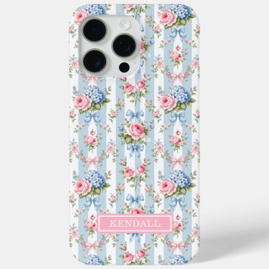 Blauwe en Roze Bloemen en Strikken Gestreept Case-Mate iPhone Case (Achterkant)