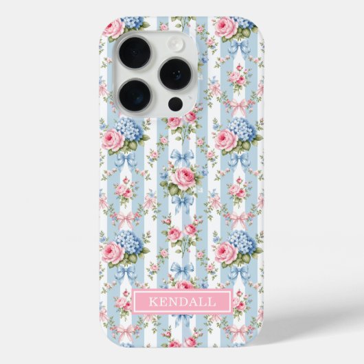 Blauwe en Roze Bloemen en Strikken Gestreept Case-Mate iPhone Case (Achterkant)