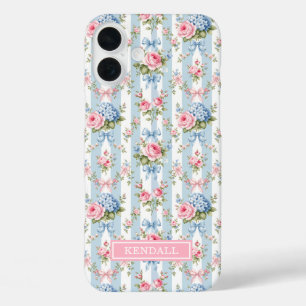 Blauwe en Roze Bloemen en Strikken Gestreept iPhone 16 Plus Hoesje