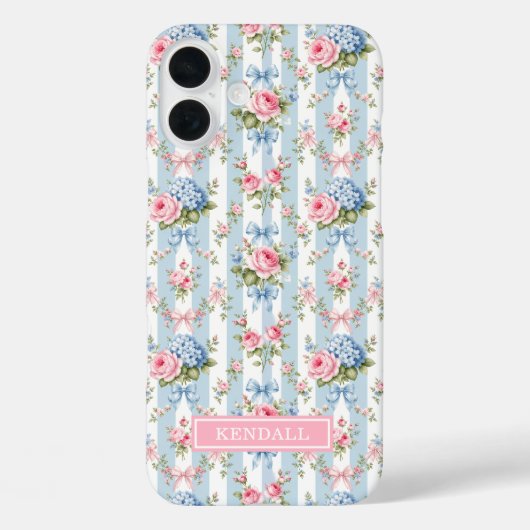Blauwe en Roze Bloemen en Strikken Gestreept Case-Mate iPhone Case (Achterkant)